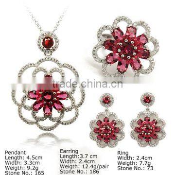 [SZQ-0173] 925 Silver Jewelry Set with CZ Stones, Jewelry Set with Red & White Stones, 925 Genuine Silver Set