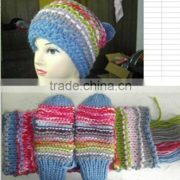 Fashion Knitting Girl's Thick Winter Sriped Hat 3pcs Set