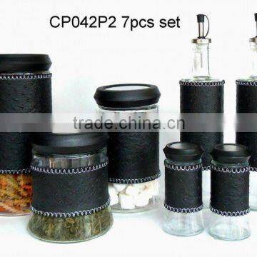 7pcs glass jar set with leather coating (CP042P2/7)