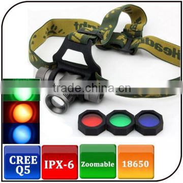 Dry Battery Power Source and CE RoHS Certification led lamp head zoom headlamp with 3 x filter lens