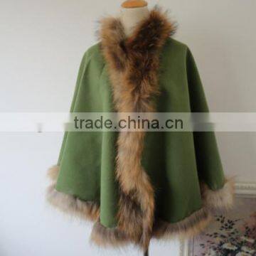 Custom Acrylic Cape Poncho Design Cashmere 100% Real Raccoon Fur Trim Cape