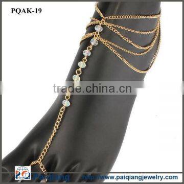 Gold Metal Chains Crystal Beads Layered Anklet With Toe Ring