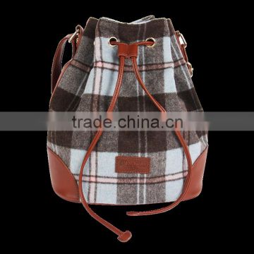 stylish check pattern tweed drawstring bag