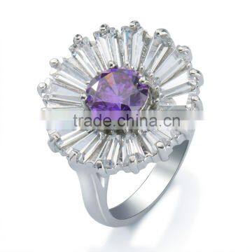 Flower shape 18k white gold plated amethyst ring AAA+ cubic zirconia cz silver ring for women