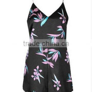 OEM and ODM Leaf Print Satin Overlay Play suits clothes 2015 Summer Fashion Jumpsuits for women