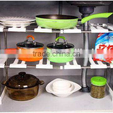 Kitchen telescopic plastic sink storage shelf rack/stainless steel kitchen storage rack