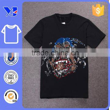 Customized high round neckline glown front deisgn fleece cotton beaded t-shirt