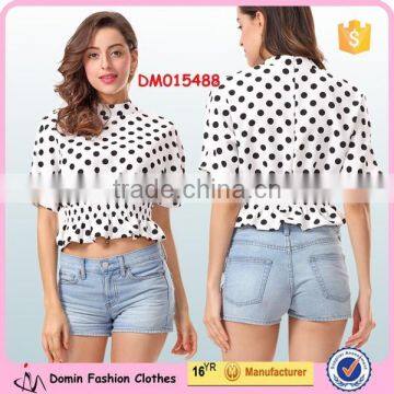 New Fashion Cotton Quilting Dot Printed Short Sleeve Woman Crop Top