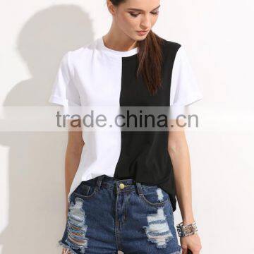OEM Simple Black and White Block O Neck T Shirt for Women LC8293 photo-3