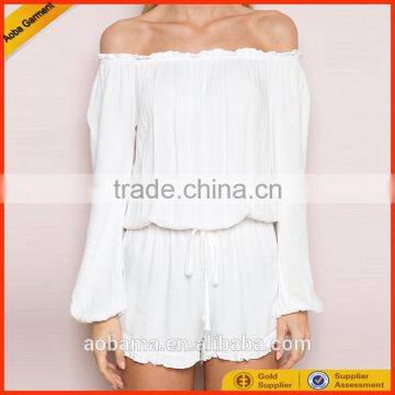 soft woven romper in white elastized offer shoulder jumpsuit