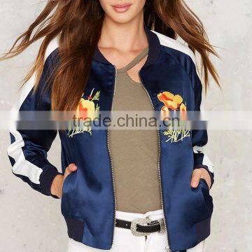 HAODUOYI Women Blue Winter Poppy Writer Bomber Jacket photo-5