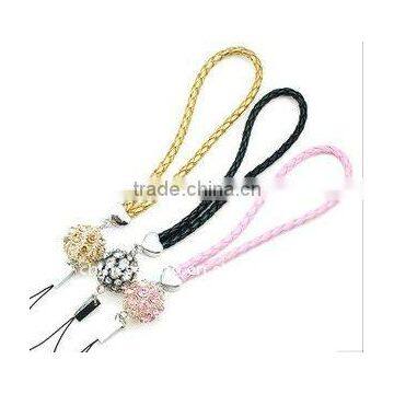 fashion crystal ball charm accessories, fashion leather rope for mobile phone, cell phone