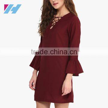 Summer Women's New Fashion Clothing 2016 Maroon Bell Sleeve Shift Dresses photo-3