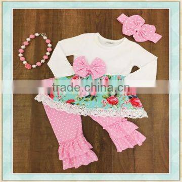 Baby clothes wholesale price white floral print top and pink pant girl clothes set