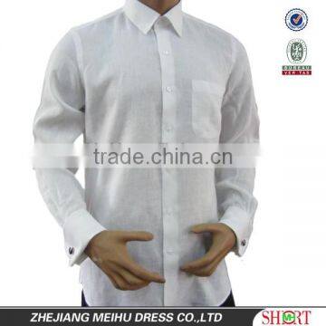 men's white linen shirt with french cuffs and one chest pocket