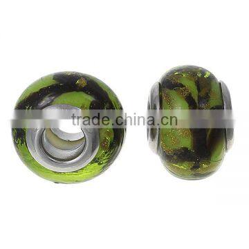 Lampwork Glass European Style Large Hole Beads Round Grass Green & Black Pattern With 304 Stainless Steel Silver Tone Core photo-3
