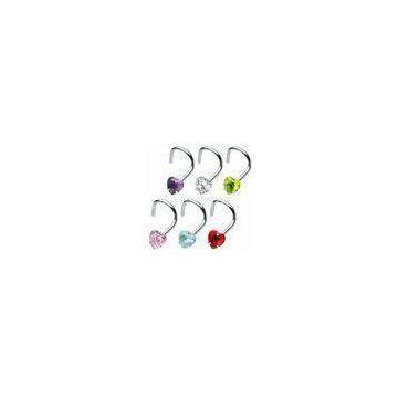 Heart Prong Set Stone Stainless Steel Gem Hoop Nose Ring / Piercing Jewelry With Cz Stone