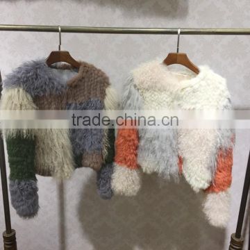 YRFUR Factory YR996 Designer Lady Rabbit and Lamb Block color Hand Knit Jacket