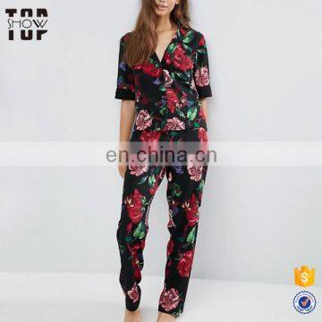 Made in china night wear graffiti floral crepe bulk pajama set for women sleeping wear