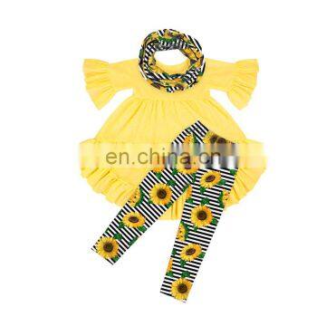 wholesale girls yellow ruffled top sunflower print and black strip leggings scarf set cute baby outfits girls 3 piece suits