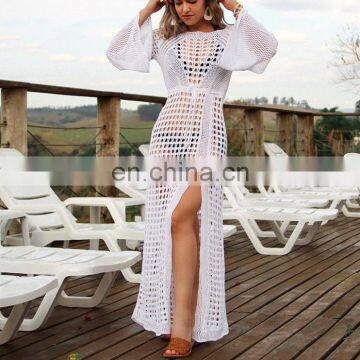 New Knitted Bohemian Maxi Beach dress Tunic Long Sleeve Pareos 2019 Crochet Vestidos verano Hollow out Bodycon Winter Dress