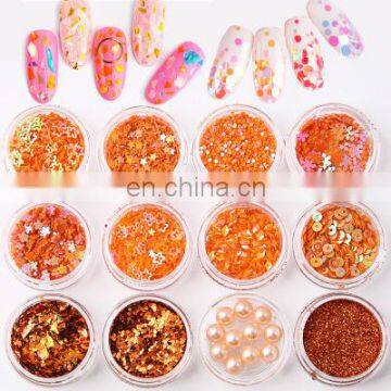 Orange Color Nail Glitter kit Round shape nail sequin peal flakes glitter powder Accessory for nail art