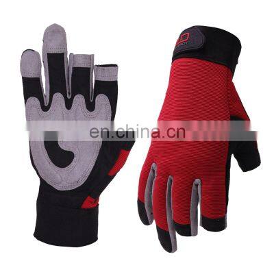 HANDLANDY Breathable Flexible Dexterity 3 Open Fingers Light Duty Industrial Work Gloves Multi Purpose Red Work Gloves