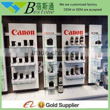 Modern decorative glass wall shelf for camera, mdf decorative wall shelf