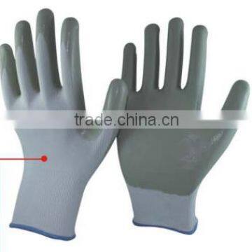 13/15 Gauge Knitted nylon liner coated nitrile palm, Industrial dark green nitrile glove
