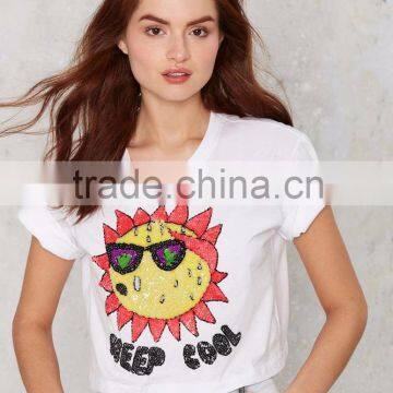 White Color Cool Cropped Sequin Tee Short Sleeve Custom Crop Top Women