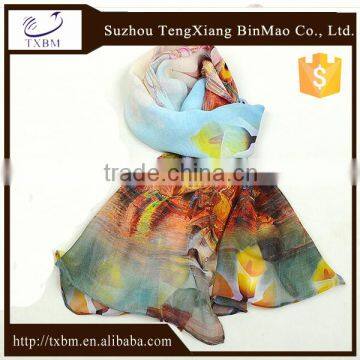 Digital printed long chiffion scarf 100% silk scarf