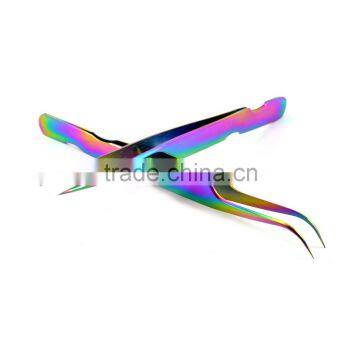 Mini Straight with Curved Tip Eyelash Extensions Tweezers Set In Multi-Color/Rainbow Plasma Coating