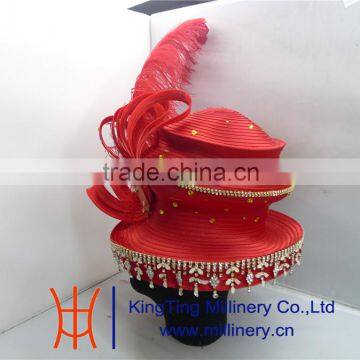 Wholesale Hat Suppliers Red Fancy Church Hat With Big Feather BM-5015 Quality Choice photo-2