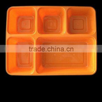 orange 5-compartment plastic meal prep food container microwaveable and freezen feature
