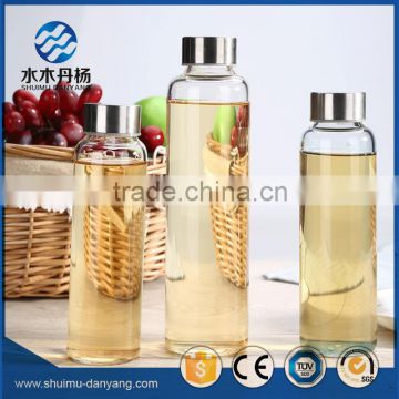 300ml clear cylinder glass drinking bottle with silver metal lid