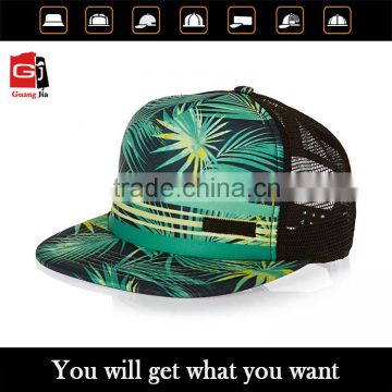 Hot Sale Custom Summer Hat Hawaii Style Coco Pattern Digital Printing 5 Panel Mesh Flat Brim Trucker Cap                        
                                                Quality Choice