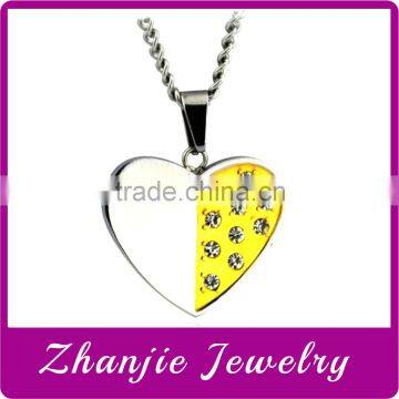 Fashion Stainless Steel Two Tone Heart Love Charm Pendant With Crystal Design For Couple Made In China