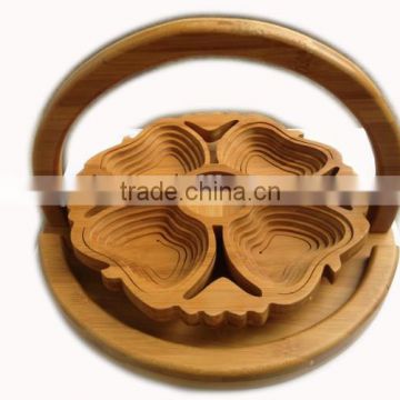 Chinese Craft Spiral Cut lotus Flower Bamboo Wood Collapsible Fruit Food Basket