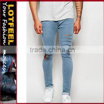 export jeans Distressed denim man jeans pant with Rip Knee jeans defected(LOTA008)