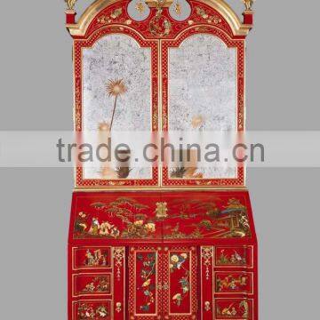 Gold Gilding Wooden Curio Cabinets With Flowers Paint Motif, Hand Painted Red Chinoiserie Secretary Cabinet with Drop Front Desk