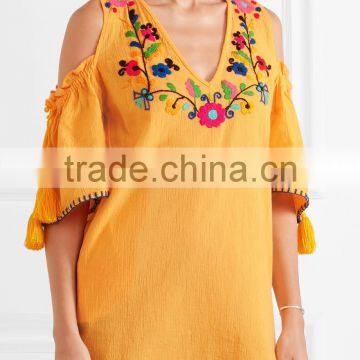 Boho Cold-shoulder Flora Embroidered Crinkled Cotton Mini Dress Mexican Western Dresses Names HSd5199 photo-2