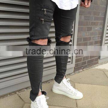 Custom Male Super Skinny Distressed Moto Biker Denim Pants Men High Stretch Ripped Trousers Zipped Tight Ankle Jeans 2017 photo-2