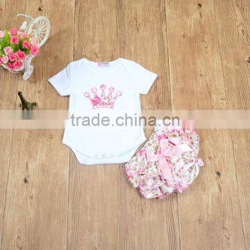 S33481W Baby Girls Sweet Crown Printed+ Floral Shorts Two Pieces Clothing Sets photo-4
