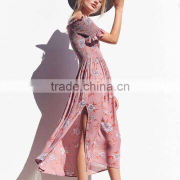 Lady's Smocked Dress With Slit off the Shoulder Floral Long Maxi Dresses photo-2