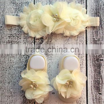 Hot Selling Girls Sandal With Ivory Flower Chiffon Headband Kids Barefoot Sandal Child Wear NP-G-CS905-49