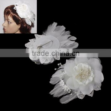 White Feather Clear Rhinestone Gauze Bride Headdress Flower