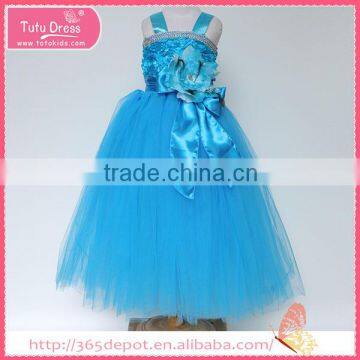 Off Shoulder aquamarine flower ornament dress for ceremony tulle skirt children frocks designs