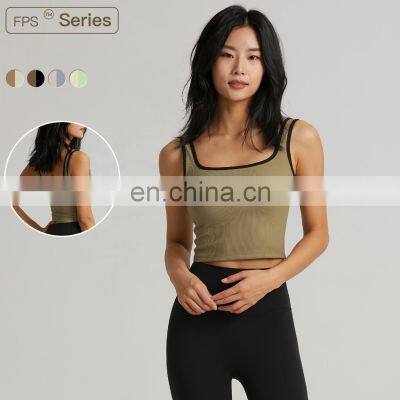 Ribbed Contrasting Color Long Line Sports Tank Tops Women Gym Open Back Bulk Sports Bras