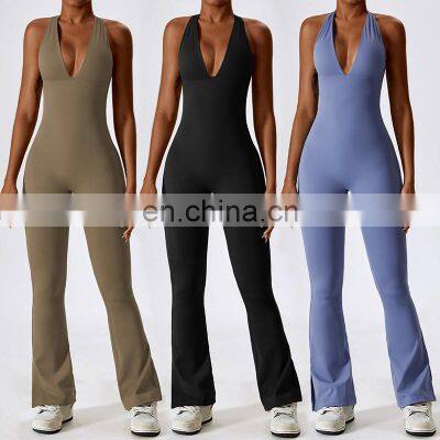 Quick Dry Sexy Large V-shaped Neckline Workout Bodysuit Gym Fitness Jumpsuits Sleeveless One Piece Yoga Jumpsuit For Women