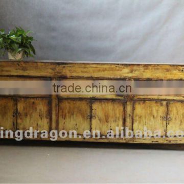 Chinese antique furniture pine wood light yellow color Shanxi three drawer six door TV cabinet